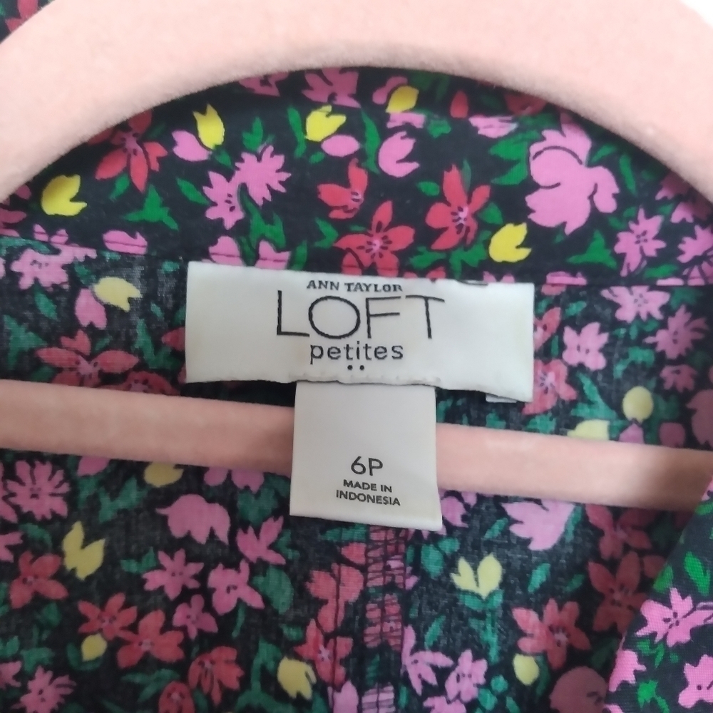 LOFT Black and Pink Floral Cotton Midi Shirt Dress Size 6 Petite - Picture 11 of 12